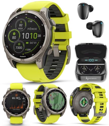 Wearable4U Garmin Fenix 8 47 mm Multisport GPS Smartwatch Solar Sapphire Titanium with Amp Yellow/Graphite Silicone Built-in LED Flashlight Voice Control Black Earbuds Bundle