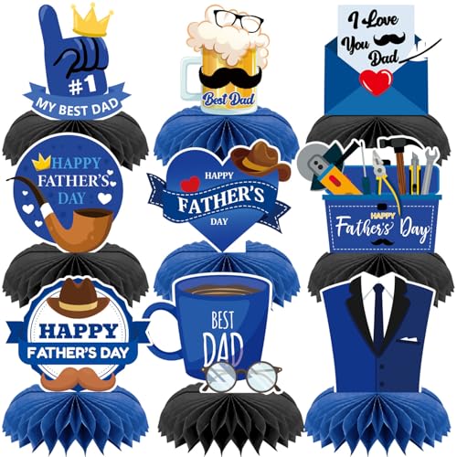 Father's Day Table Centerpieces Decorations – 9PCS Blue & Black Honeycomb Desk Toppers with Tools, Coffee Mug, Suit, Mustache & Heart Designs – Father's Day Party Supplies for Dad, Grandpa, Husband