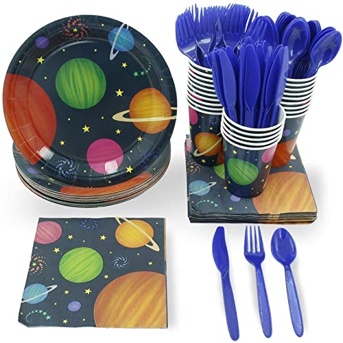Juvale Outer Space Cutlery & Party Plates, Cups & Napkins Set - Serves 24, 144 Pieces - Gold Star Pattern - Space Paper Plates, Napkins & Cups - Disposable & Plastic-Free