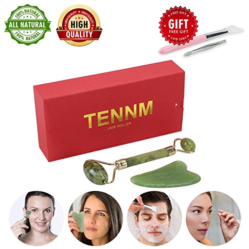 Jade Roller for Face Gua Sha Scrapping Massage Tool Set,Real Natural Facial Jade Stone,Facial Skin Beauty Massager Care Kit -Anti Aging Wrinkles - Reduces Puffiness Face Neck Eyes