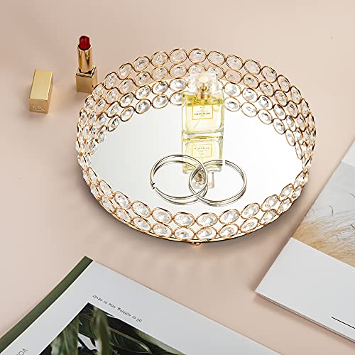 Feyarl Crystal Cosmetic Makeup Tray Jewelry Trinket Tray Organizer Vanity Tray Mirrored Decorative Tray Perfume Skin Care Storage Home Deco Dresser Table Organizer (Round 10" Inch) (Gold) #TOP6