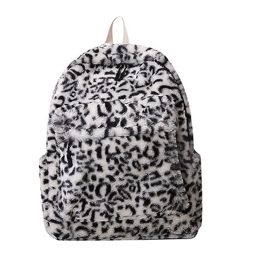JHTPSLR Leopard Furry Plush Backpack Soft Fuzzy Book Bags Trendy Cute Stylish Winter Casual Daypack (Black)