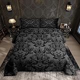 Feelyou Adults Gothic Comforter Set Queen Size Dark Olive Green Damask Comforter Death Moth Bohemia Boho Bedding Set Goth Skull Duvet Set Vintage Victorian Baroque Floral Quilt Set 3Pcs