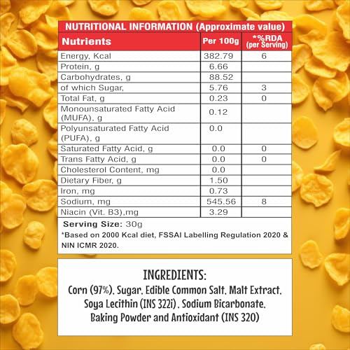 Image of 8AM Corn Flakes 500 Gram, 97% Corn, 99% Fat Free, No Cholesterol, Trans Fat, Artificial Additives, Vitamins B1, B2, B3, B6, B9, Iron, Calcium, Crunchy & Nutritious Cereal