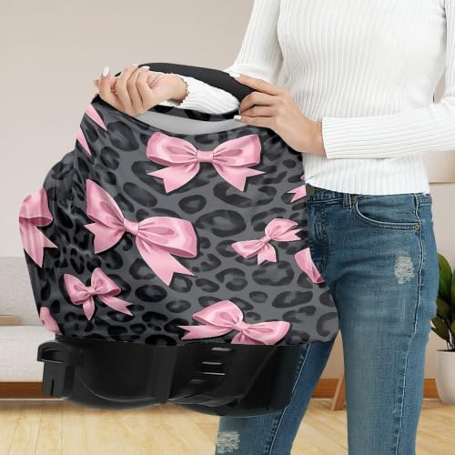 Image of Leopard Print Baby Car Seat Canopy, Bow Nursing Breastfeeding Cover