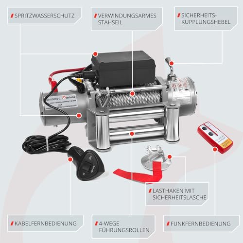 Foto von ROTFUCHS Elektrische Seilwinde 12v mit Funkfernbedienung – 5909 kg, 6 PS Power Offroad 4x4 Motorwinde Umlenkrolle Forst Seilzug mit Stahlseil