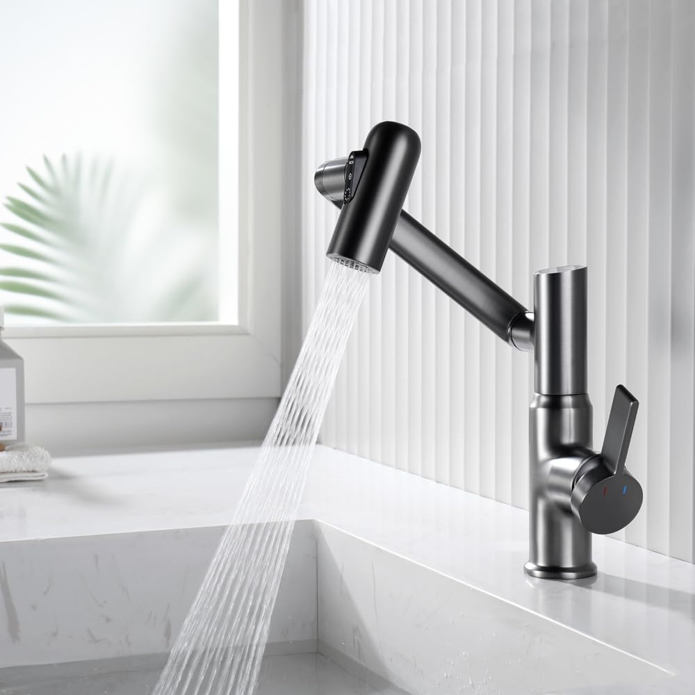 Smart Temperatur Badezimmer Wasserhahn, Einhand-Badezimmerarmatur, Waschbeckenarmatur, Küchenarmaturen (mattgrau)