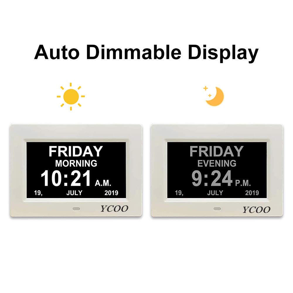 YCOO [Nuova versione] Orologio digitale con calendario con display digitale da 7 pollici, 12 allarmi per persone che vivono con demenza, perdita di memoria e Alzheimer (7 pollici bianco)