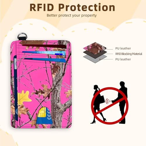 Ultra-Thin Front Pocket Wallet with Wrist Strap, RFID Blocking Security Pockets for Business Card Holder, PU Leather Secure Multi-slot Card Pocket, Pink Sky Camo Tree4