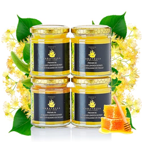 4x Miel de Tilo 250g italiana Caravella Fine Food| Cremosa Ligera Floral Herbal Pura Cruda sin pasteurizar| Antioxidantes y enzimas Calmante y relajante| Ideal para Desayuno Té Bienestar Piel Radiante