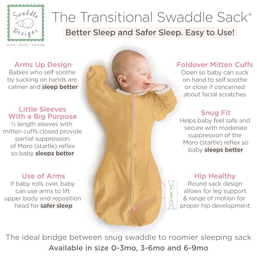 Image of SwaddleDesigns Transitional Swaddle Sack, Arms Up Half-Length Sleeves & Mitten Cuffs, Swaddle for Newborn Transition to Baby Sleep Sack Wearable Blanket, Large, 6-9 Month, 21-24 lb, Heathered Gold