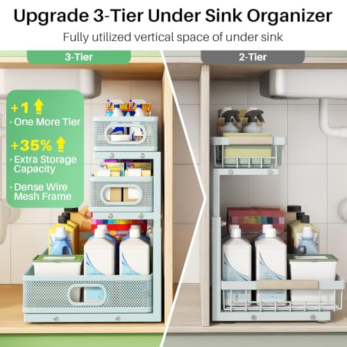 Image of Under Sink Organizer, 1-Pack 3-Tier Height Adjustable Thickened Metal Pull out Cabinet Organizer Shelf, Slide out Storage Drawer Rack for Bathroom Kitchen Pantry Home Organization, LightBlue