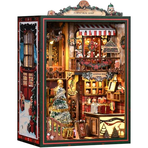 Christmas Gift Book Nook Kit, DIY Miniature House Kit, 3D Wooden Puzzle Bookend Bookshelf Insert Decor with LED Light for Teens and Adults Tiny House Kit