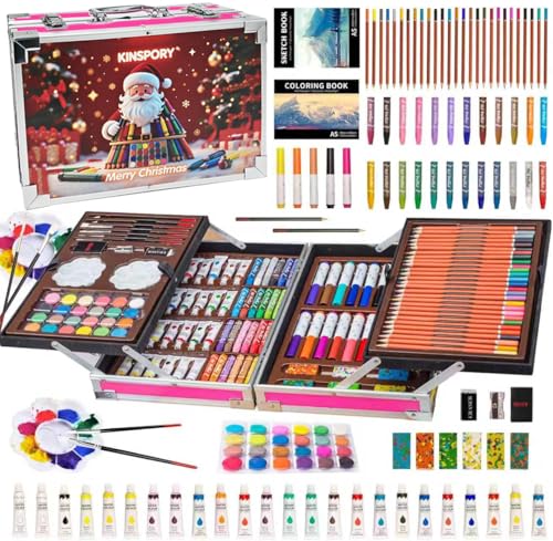 KINSPORY Maletin Pinturas para Niños, 139 piezas Juegos de Dibujo, Acuarelas Lapices con caja de madera (Rojo)