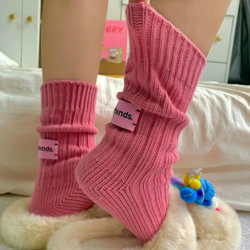 XIBANY 5pairs Pink Solid Thick Thread Double Needle Medium Sleeve Socks For Men And Women Couples Sports Retro Stacked2