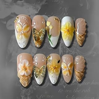 Press on Nails Kurz,Almond Weiß French 3D Schmetterling Blumen Floral Gold Beads Striped Design Mandel Short Y2K Fake Nails,White Butterfly Sweet Sommer INS Künstliche Fingernägel