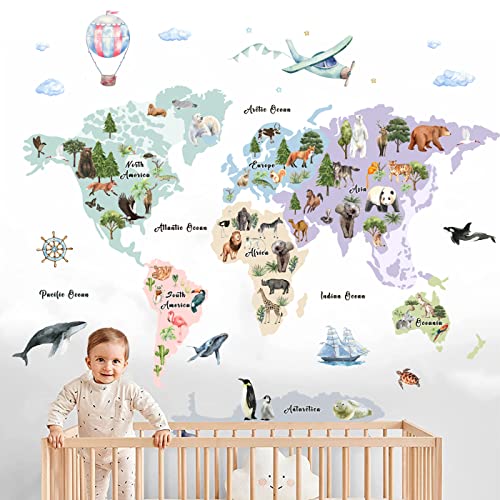 Animal World Map Wall Decals Peel And Stick For Kids, Animal World Map Wall Stickers, Vinyl Animal World Map Wall Stickers For Kids Room Nursery Bedroom #TOP22