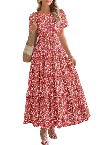 BTFBM Womens Summer Floral Maxi Dresses V Neck Short Sleeve Boho Casual Flowy Long Wedding Guest Dress Beach Vacation(Floral Orange Red, Large)