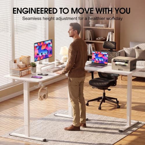 Image of Furmax 63 x 55 Inch L Shaped Standing Desk with 2 Preset Heights, Electric Height Adjustable Computer Table, 2 Hooks & Feet Balance, Corner Sit Stand Desk for Home Office (White, 63 x 55 Inch)