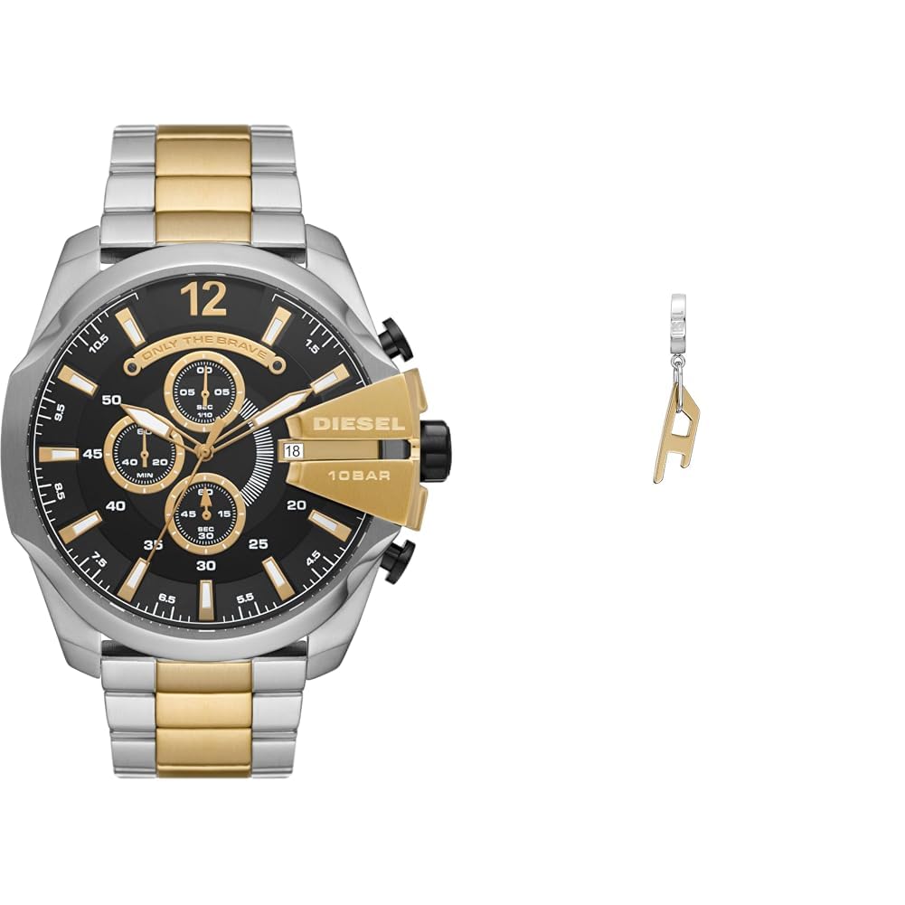 Diesel Hombre Mega Chief Bicolor Acero Inoxidable Reloj y Dorado Pendientes, Set