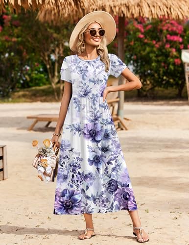 Image of Zeagoo Summer Dresses for Women 2026 Maxi Bohemian Floral Short Sleeve Long Dress Casual Flowy Tired Beach Sundress