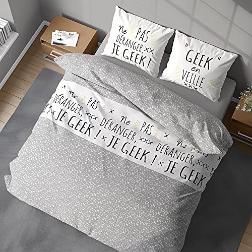 Parure de lit avec Housse de Couette 220x240 cm + 2 Taies d'oreiller 63x63cm pour lit pour 2 Personnes Gris et Blanc 100% Coton