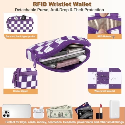 Image of YFWE Clip and Go Strap for Phone with Wallet Crossbody, Adjustable Phone Lanyard with Detachable RFID Wristlet Wallet, Phone Strap with Phone Tabs for All Phones, Purple Checkered (L)