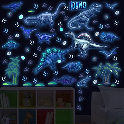 187 Pieces Dinosaur Wall Decals for Boys Room, Glow in The Dark Dinosaur Wall Decals Dinosaur Glow Wall Stickers, Large Dinosaur Wall Decor Decorations for Nursery, Living Room, Classroom (Blue Glow)