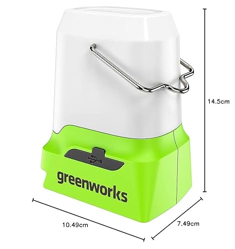 Greenworks G24LA500 Lanterna a Batteria e Luce da Campeggio con Gancio da Appendere, 500 Lumen, 3 Impostazioni di Luminosità, Prese USB e Tipo C, SENZA Batteria 24V e Caricabatterie, Garanzia 3 Anni