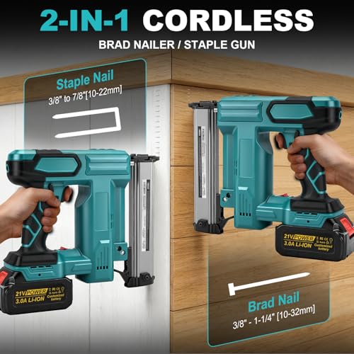 18GA Cordless Brad Nailer with 2 x 3.0Ah Battery for Makita 18V, 2 in 1 Electric Nail Gun/Staple Gun, 500 Nails & 500 Staples, Single & Contact Firing Modes for Home Improvement, DIY Woodworking thumbnail 2