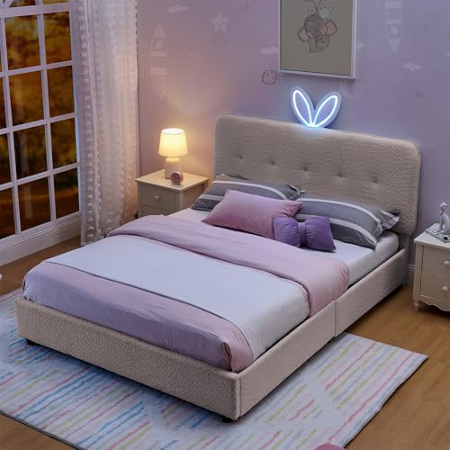 Image of Full Led Bed Frame with 4 Storage Drawer, Upholstered Platform Floor Bed with Rabbit Ear Headboard Daybed Strong Wooden Slats No Box Spring Needed for Kids Girls Boys, Pink