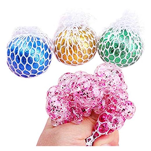 4 st nät stressavlastningsboll, rolig glitter druvleksak, stressbollar leksak, rolig att pressa boll för kontor och klassrum