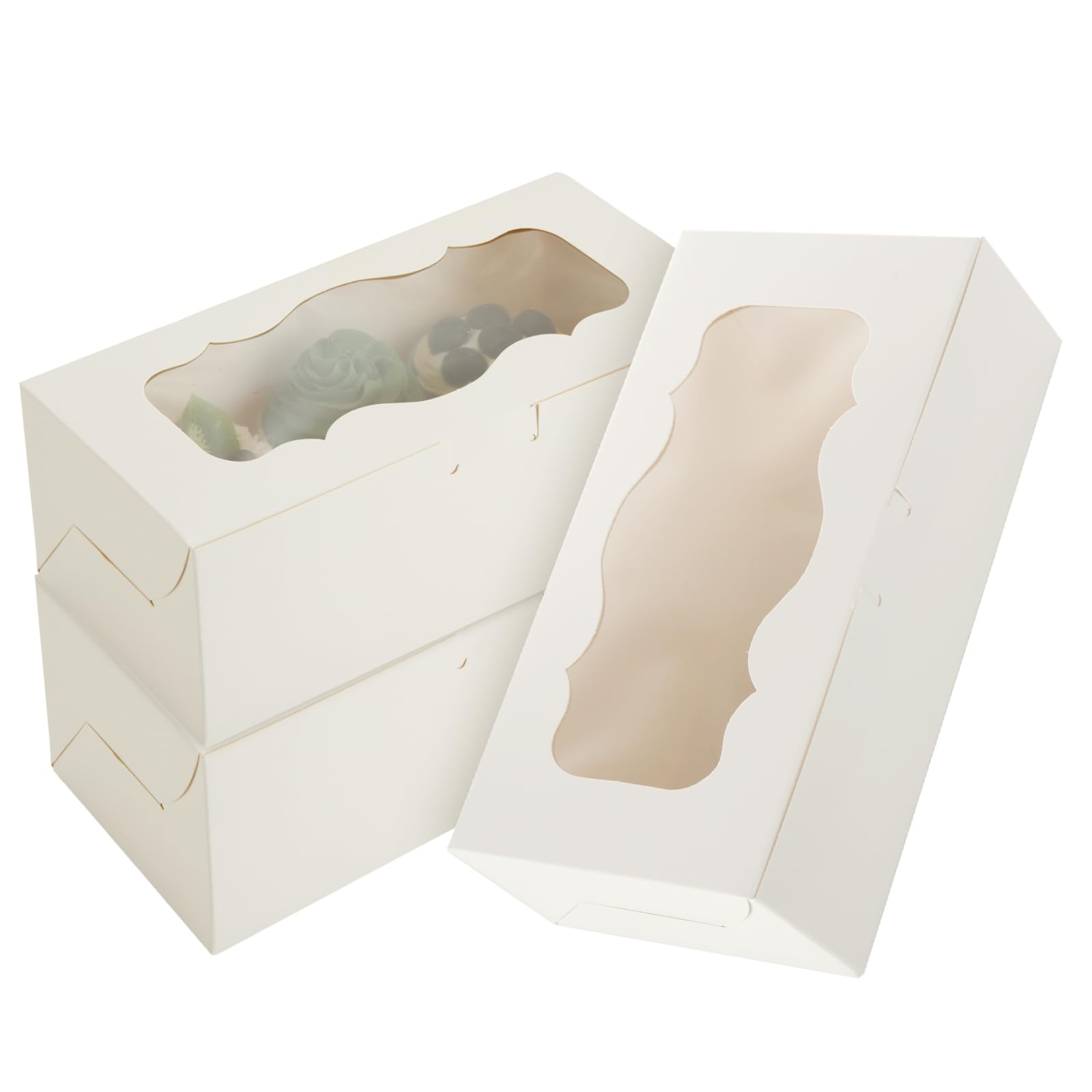 50 cajas de galletas blancas de 9 x 4 x 3.5 pulgadas con ventana para pasteles, dulces y pasteles, postres, magdalenas, donas