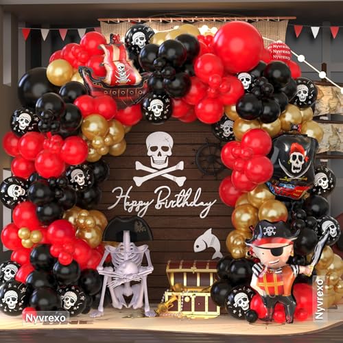 Image of Pirate Birthday Party Decorations, 142Pcs Red Black Metallic Gold Balloon Garland Arch Kit Pirate Ship Foil Mylar Balloon for Halloween Pirate Summer Pool Sea Sailing Adventure Ocean Theme Party