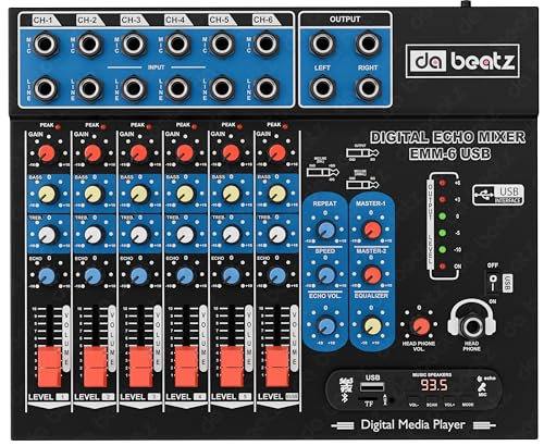 Image of da.beatz. 6-Channel Stereo Echo DJ Sound DJ Mixer with USB and Bluetooth for Parties, Stage Effects, Weddings, Diwali Giving Your Occasion an Impressive Output. (Black) (EMM-6U)