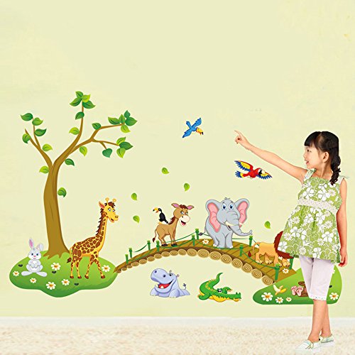 Decalmile Jungle Animals Tree Wall Stickers Lion Giraffe Elephant Walking On Bridge Wall Decals Kids Room Baby Room Nursery Bedroom Wall Decor(Finished Size: 48.8 Inch X 31 Inch) #TOP2