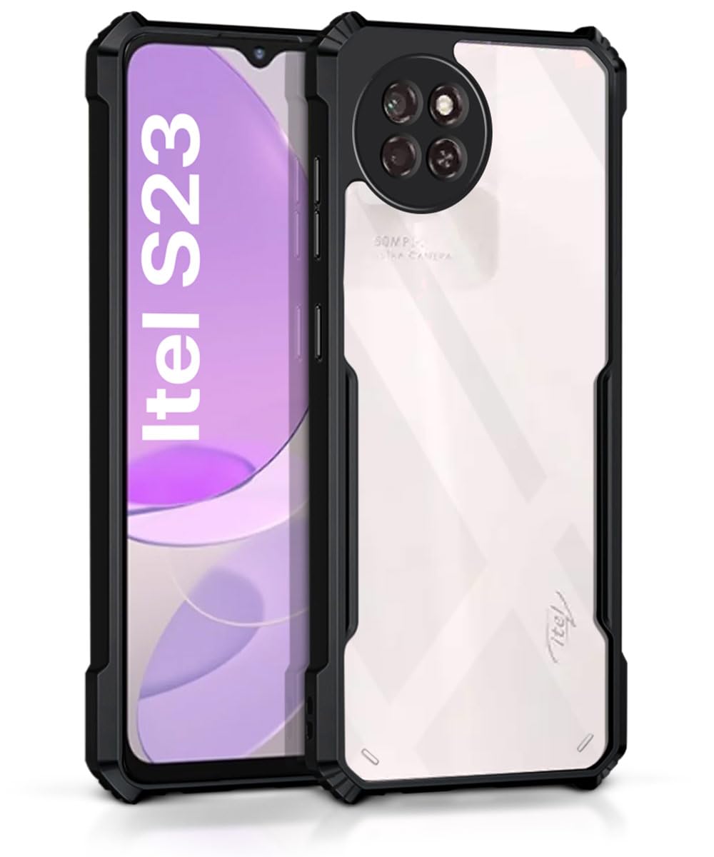 WOW IMAGINE Shock Proof Clear Back Case Mobile Cover for Itel S23 (Hard | Hybrid PC + TPU | Full Armour Device & Camera Protection | Black)
