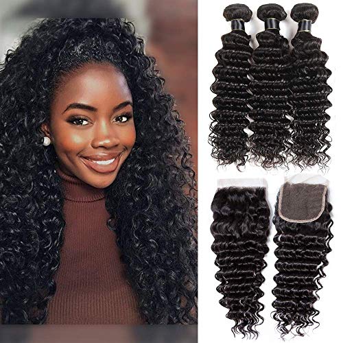 ELIGHTY Deep Wave Bundles with Closure - 8A 100% Unprocessed Virgin Human Hair, 4x4 Free Part Lace Closure and Bundles Human Hair Extensions Natural Color (10 12 14+8Closure)