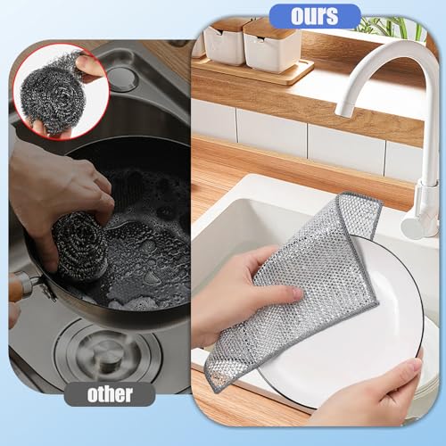 10 Pezzi Panni Multiuso per Lavastoviglie Canovaccio in Filo Metallico Antigraffio Panno Metallici per Cucina Doppio Strato Panni per Pulizia Riutilizzabili Strofinacci in Filo di Acciaioa - immagine 5