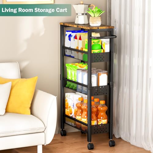 Image of Vivihomety Utility Slim Storage Cart with Wheels, 4 Tier Small Rolling Cart with Wood Top, Metal Kitchen Bathroom Laundry Room Organization Trolley with Handle for Narrow Space - Black