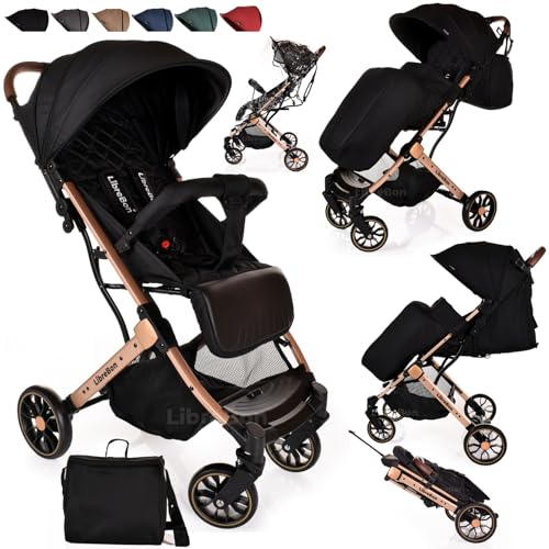 Lightweight Stroller, Baby Pushchair, Compact Travel Buggy, One Hand Foldable, Upgraded Wheels, Four Seasons Stroller, Foot Cover, Mommy Bag, Rain Cover (Black - Rose Gold Frame)