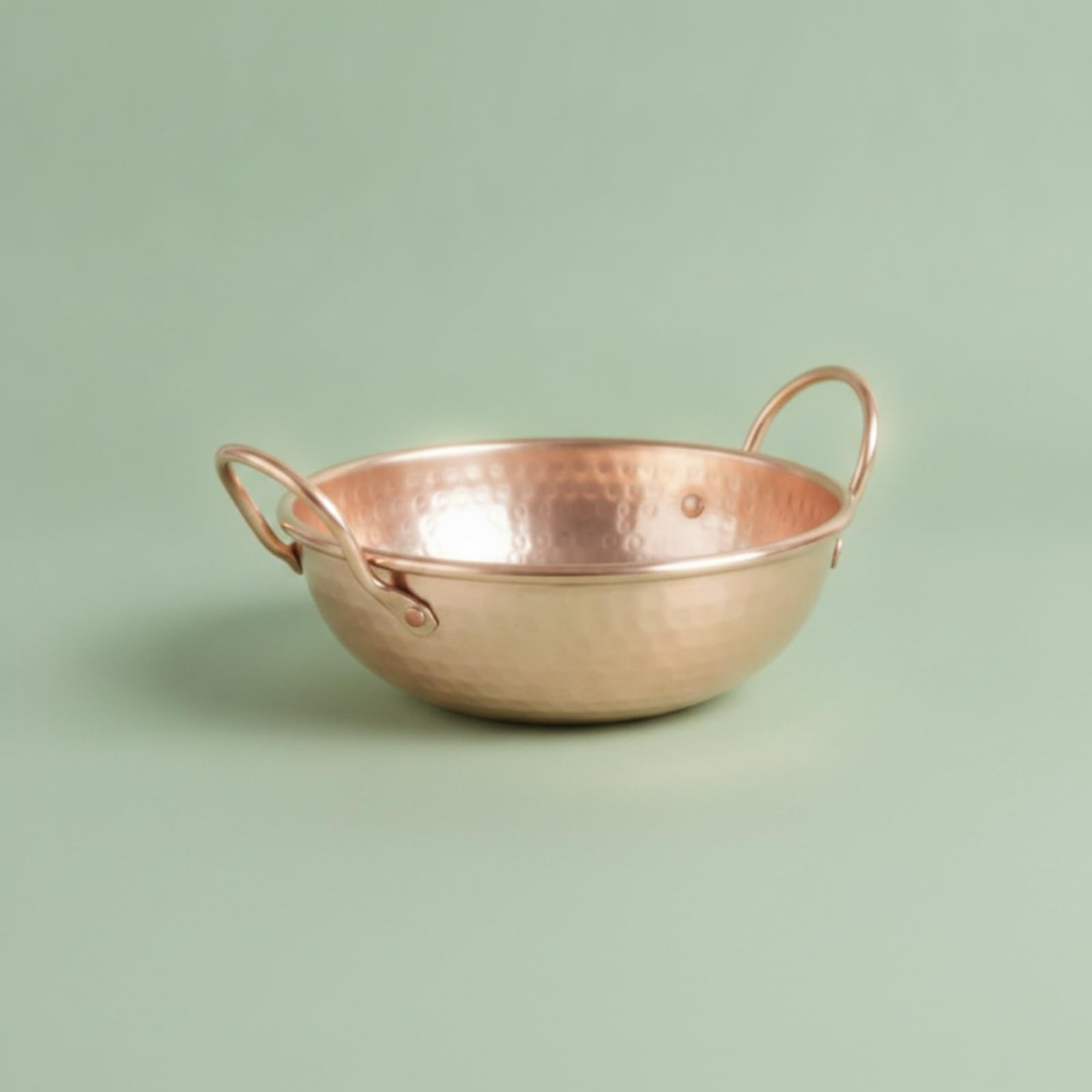 Manual Cazo Cobre Martillado Recipiente Cocina Olla Compacta con Exterior Pulido y Dos Asas para Preparar Cocinar Fideos Servir Platos Individuales en Estufa Hogar, Fondo Redondo, Engrosado