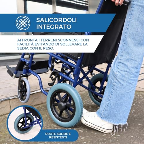 Mobiclinic®, Carrozzina pieghevole, Maestranza, Freni di stazionamento, Seduta da 45 cm, Pedane rimovibili, Braccioli pieghevoli e imbottiti, Ruote piccole, Robusta, Colore blu - 7