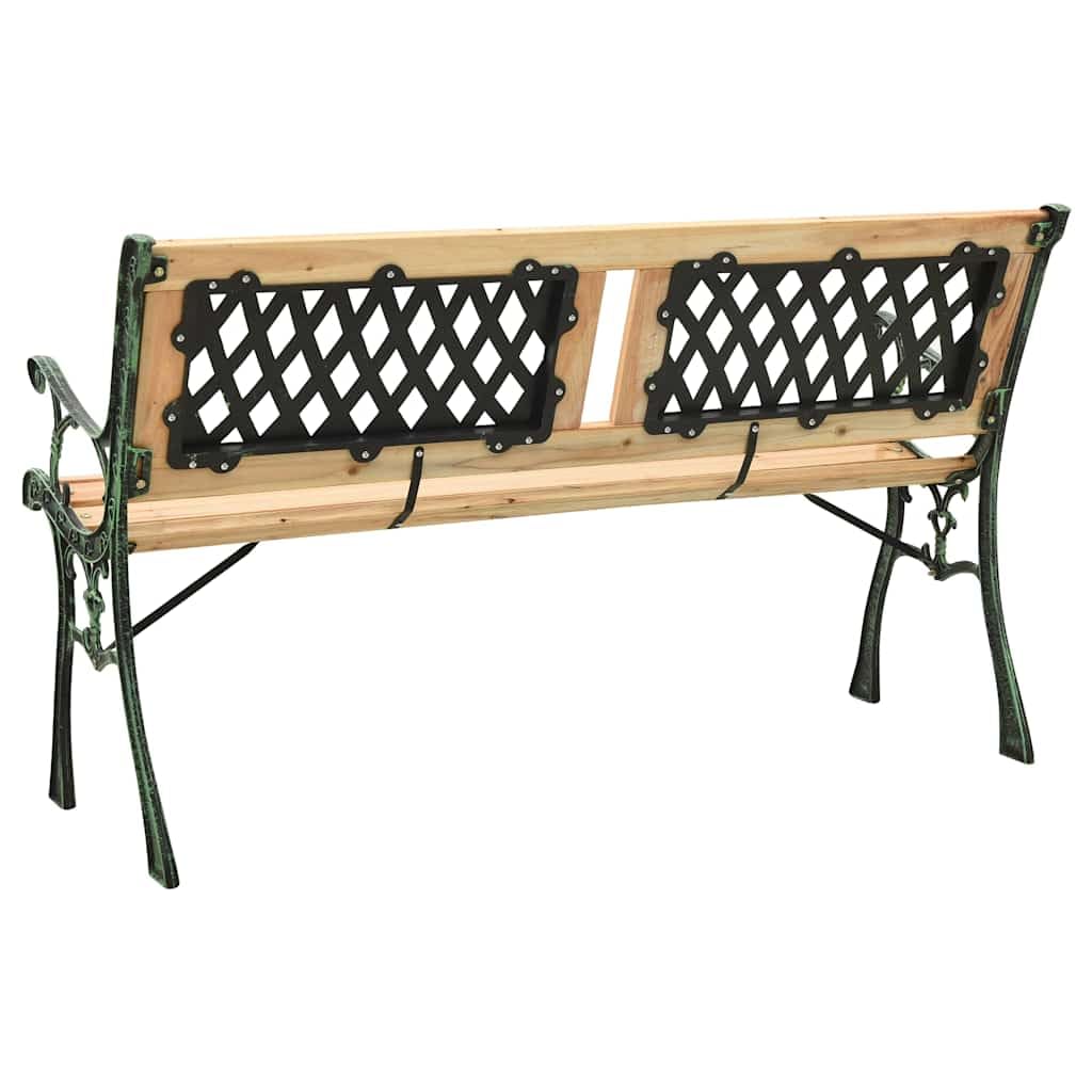 Banco de jardín de 122 cm de hierro fundido y madera maciza de abeto con respaldo decorativo de PVC en patrón de rejilla, para terraza y porche, estable y duradero