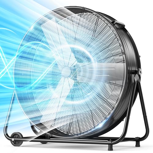 Image of LifePlus 36 inch Industrial Drum Fan, 600W High Velocity 3-Speed Heavy Duty Metal Air Circulator with 360 Tilt, Casters Handle for Warehouse Factory workshops Patios Garage 21800 CFM