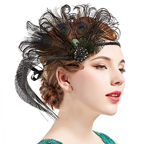 BABEYOND 1920s Flapper Peacock Feather Headband Roaring 20s Beaded Showgirl Headpiece 1920s Great Gatsby Costume Hair Accessories (Green & Orange)