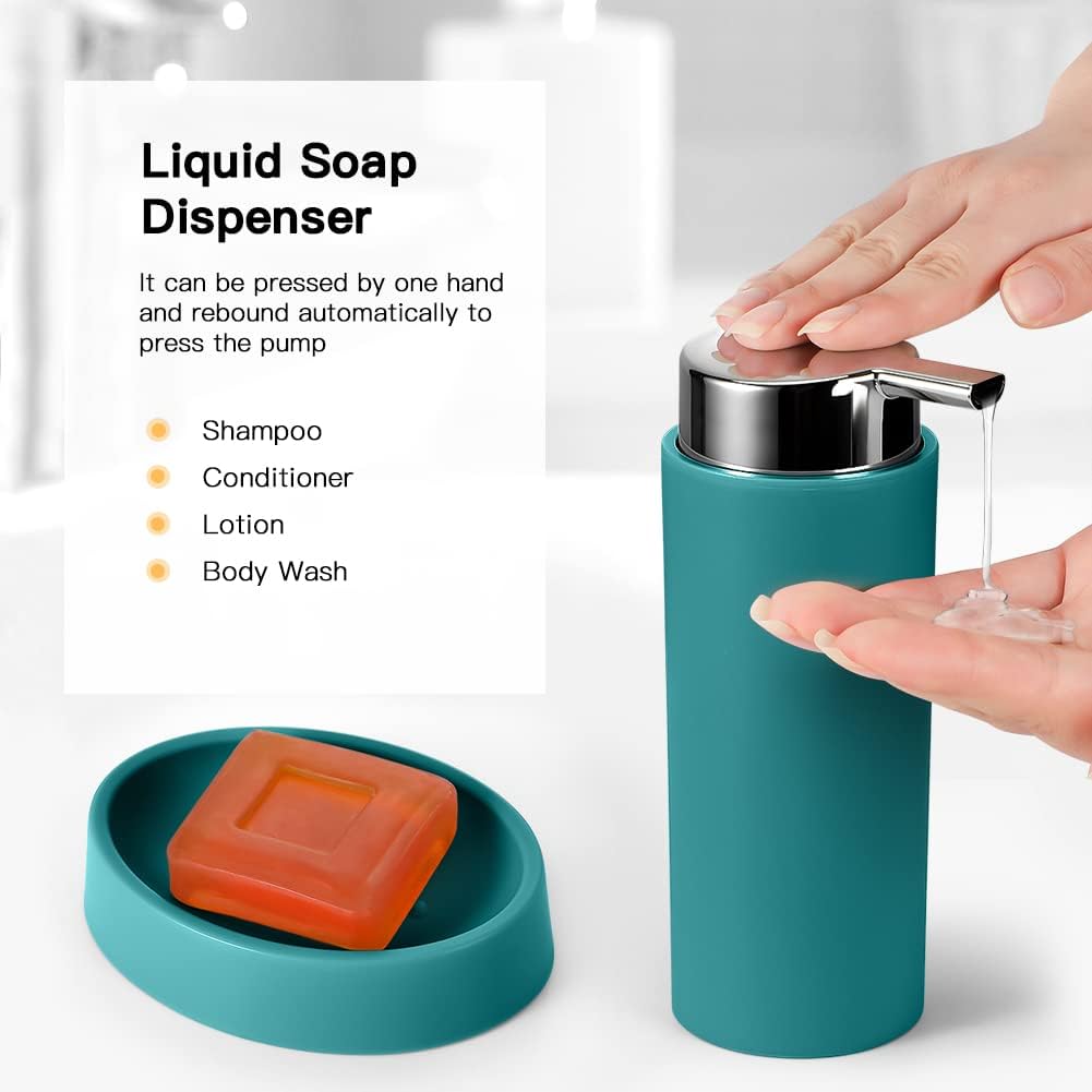 Otostar Bathroom Accessory Set 6 Piece Housewarming Gifts Plastic Bathroom Accessories Set Includes Toothbrush Holder Soap Dispenser Tumbler Soap Dish Toilet Brush Holder Trash Can (Dark Green)