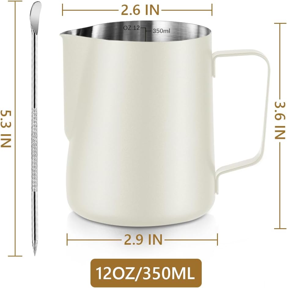 Milk Frothing Pitcher Stainless Milk Cup with Art Pen (White, 350, Milliliters)
