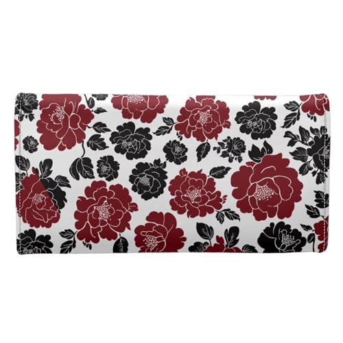 Red Camellia Flowers Slim Clutch Wallets for Women Billfold Wallets Purse, Drawing Floral Money Organizer PU Leather Credit Card Holder with ID Window3