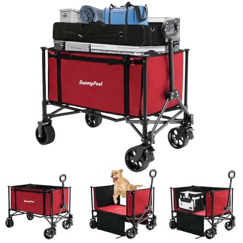 SUNNYFEEL Collapsible Wagon Cart, 200LBS Capacity Foldable Camping Cart with Wheels, Adjustable Handle， Lightweight Wagon for Shopping, Garden，Beach & Pet Use